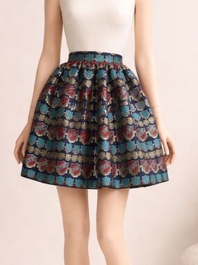EUC House of Holland Blue, Red and Gold Brocade Mini Skirt